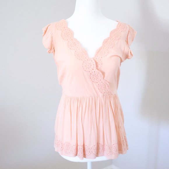 Loft Pink Crochet V Neck Wrap Top Blouse 0 XS - Picture 1 of 5
